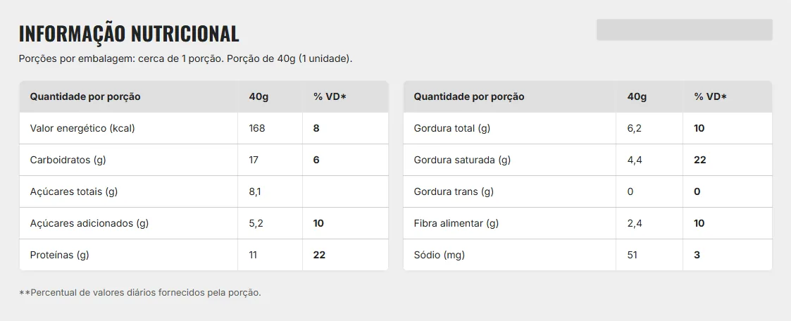 Caja Shark Crush 12 Uni Paçoca · tabla nutricional