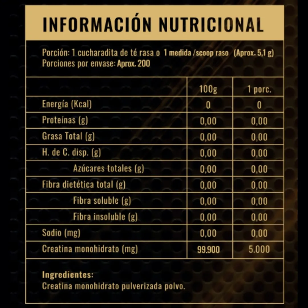 Creatina FDA 1kg · tabla nutricional
