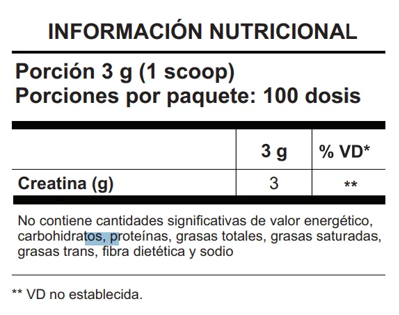 Creatina Shark Pro 300g · tabla nutricional
