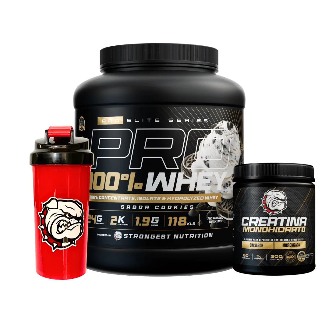 Pack Pro 100% Whey Cookies + Creatina FDA 300g + Shaker Strong Red de Regalo